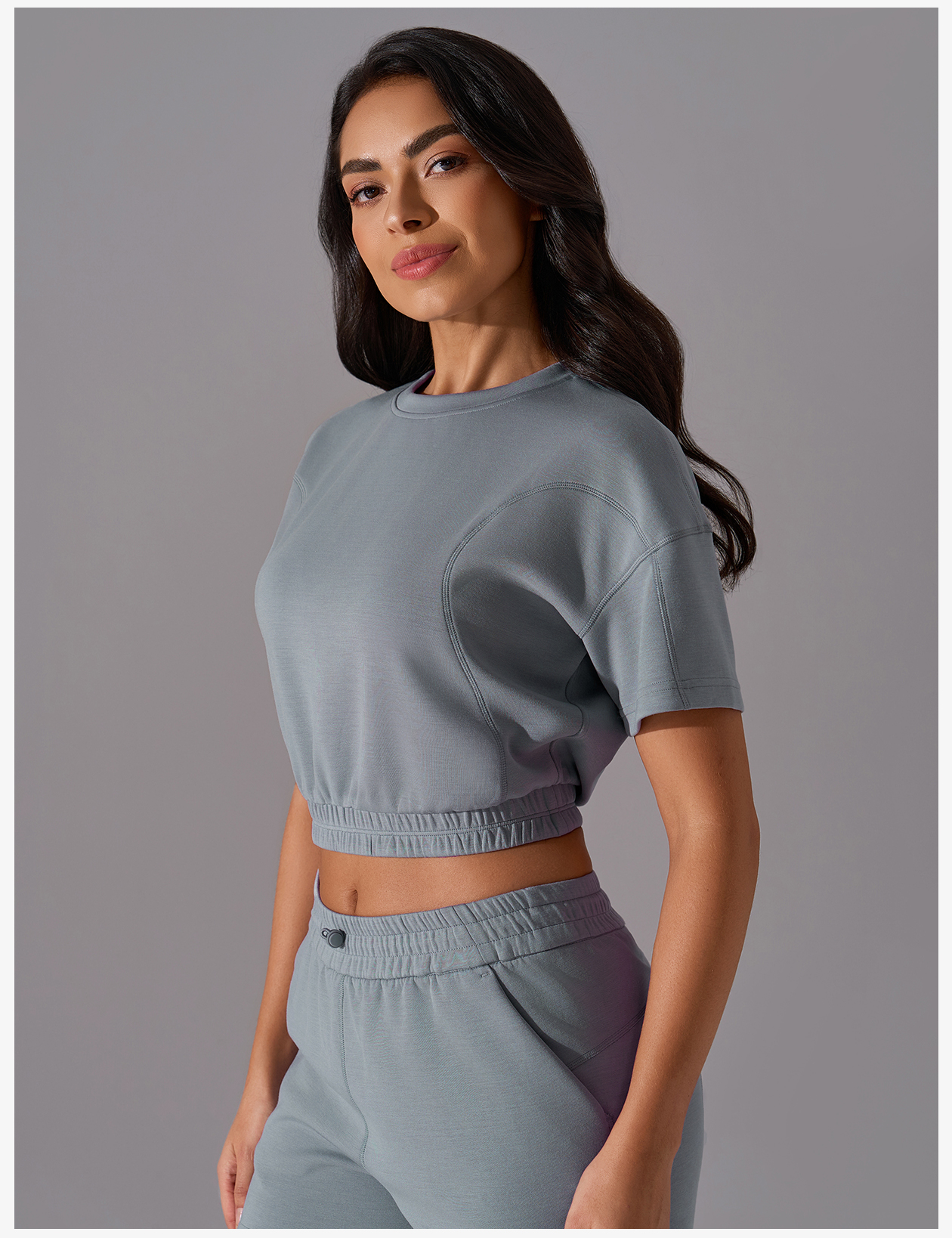 Women's Light Gray Short - Sleeve Cropped Sweatshirt, Elastic Waistband, Casual Athleisure Top