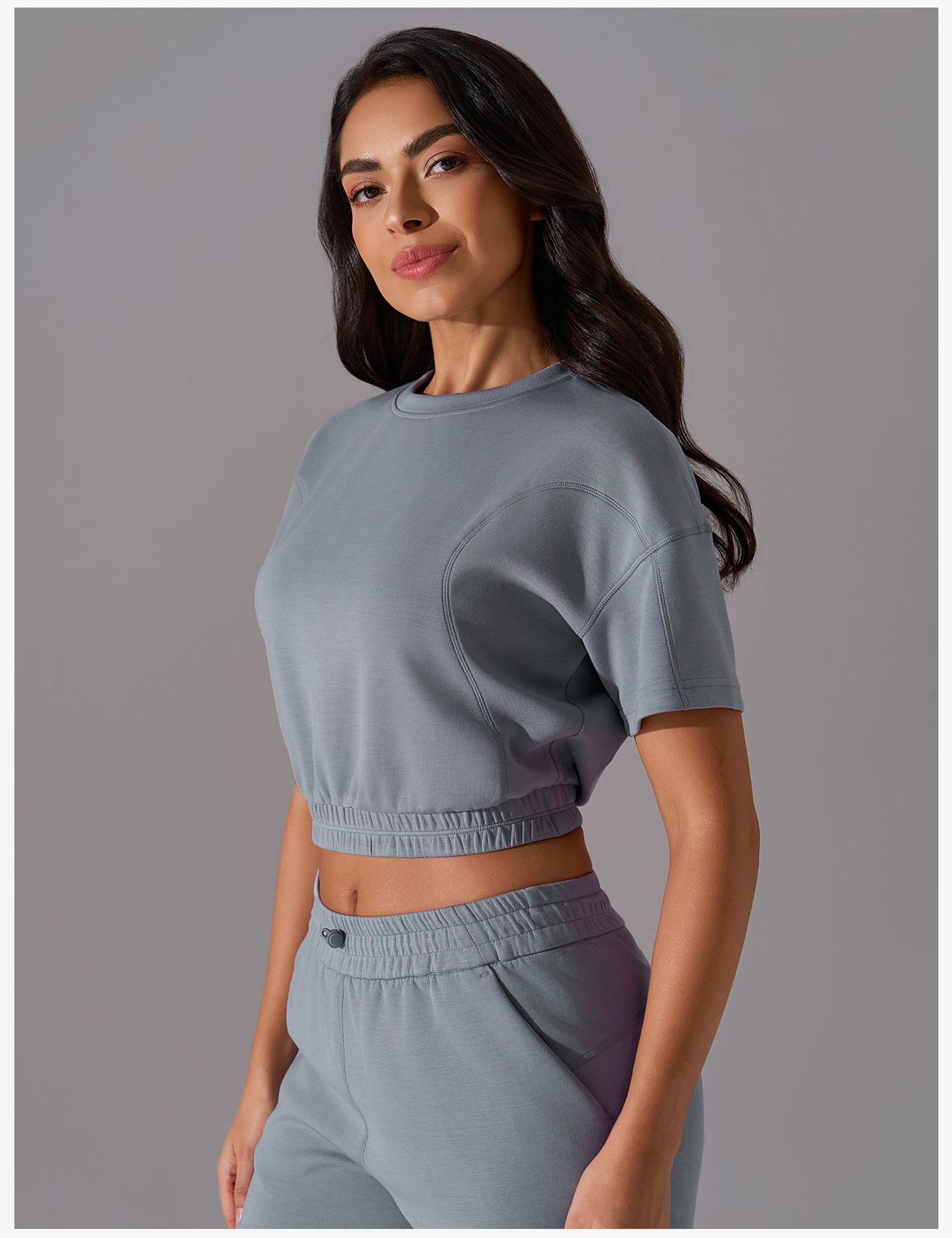 Women's Light Gray Short - Sleeve Cropped Sweatshirt, Elastic Waistband, Casual Athleisure Top