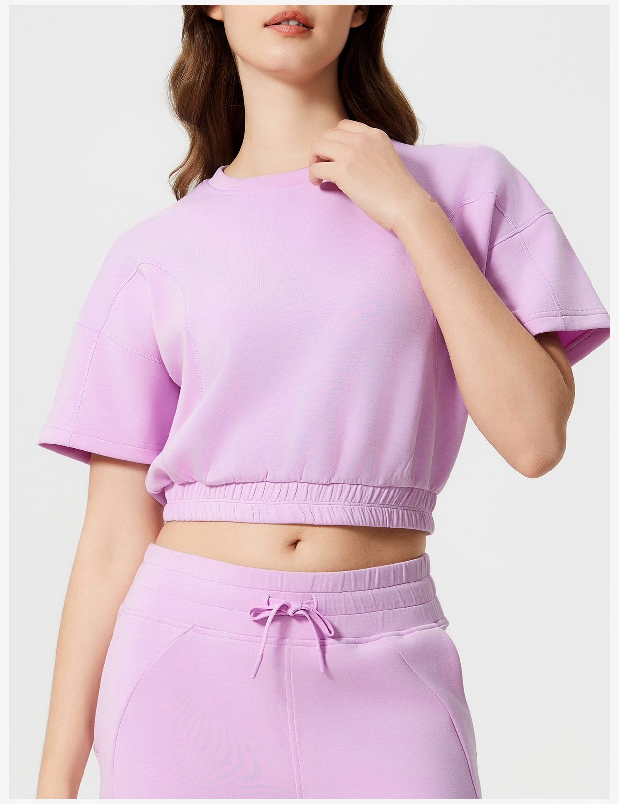 Women's Light Gray Short - Sleeve Cropped Sweatshirt, Elastic Waistband, Casual Athleisure Top