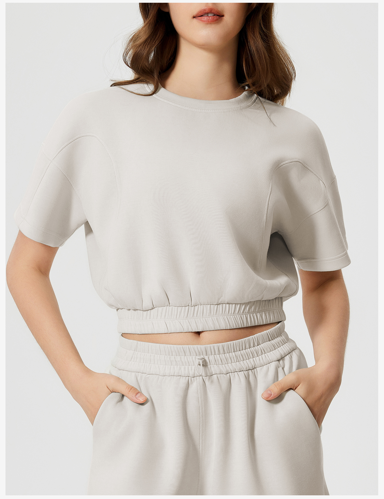 Women's Light Gray Short - Sleeve Cropped Sweatshirt, Elastic Waistband, Casual Athleisure Top