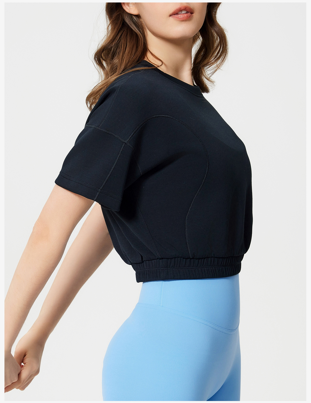 Women's Light Gray Short - Sleeve Cropped Sweatshirt, Elastic Waistband, Casual Athleisure Top