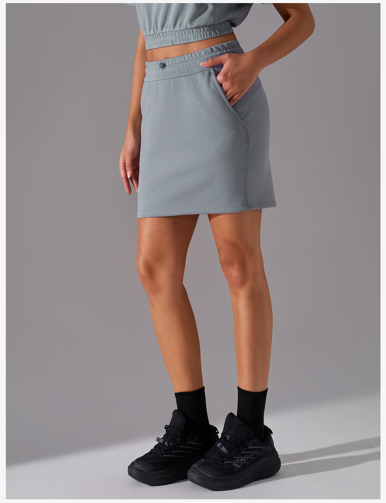 Women's Light Blue Elastic - Waist Mini Skirt, Side Pockets, Athleisure Wear