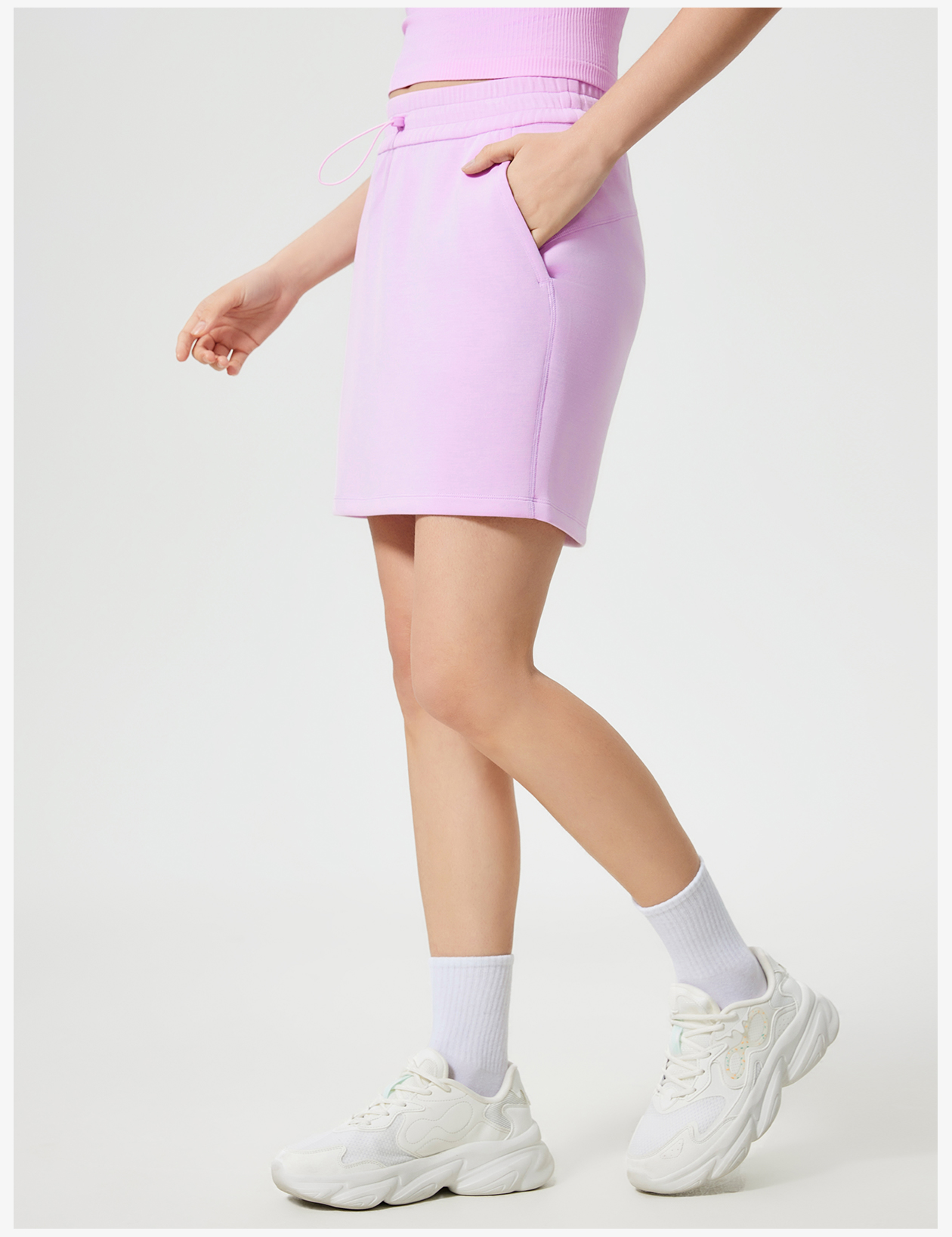 Women's Light Blue Elastic - Waist Mini Skirt, Side Pockets, Athleisure Wear