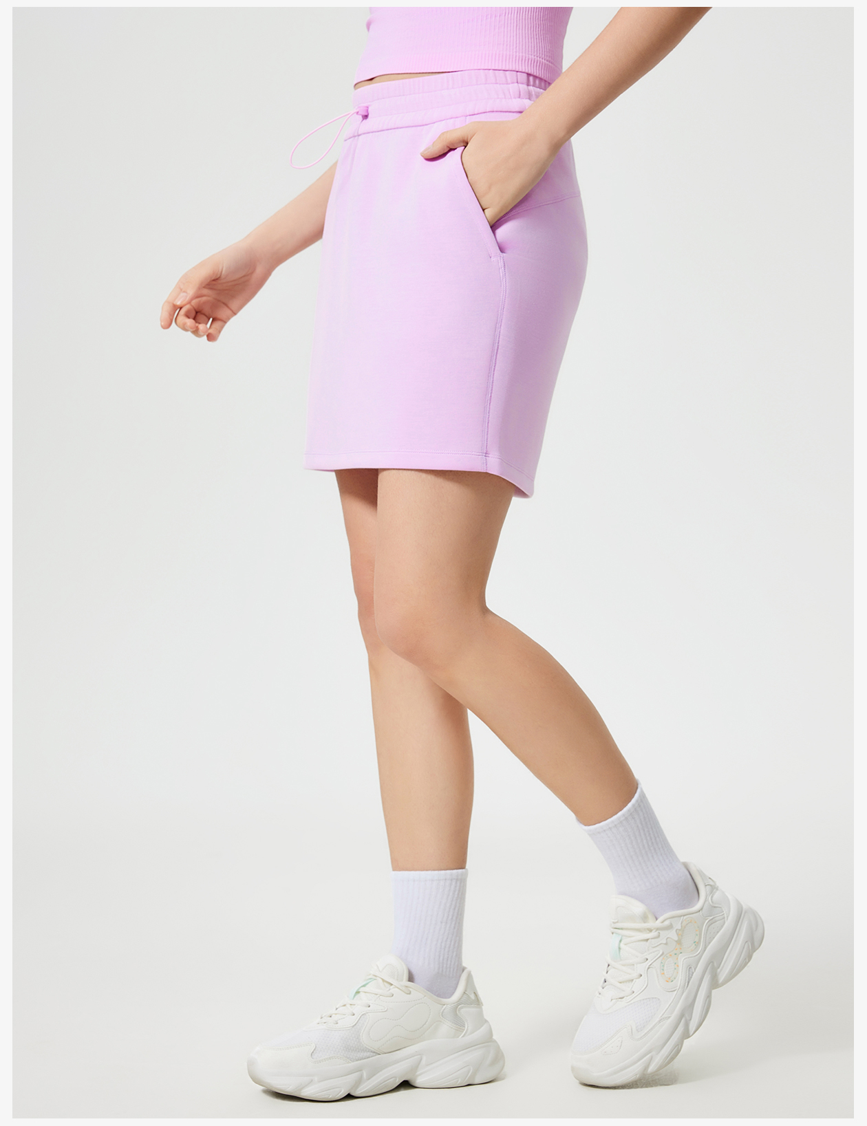 Women's Light Blue Elastic - Waist Mini Skirt, Side Pockets, Athleisure Wear