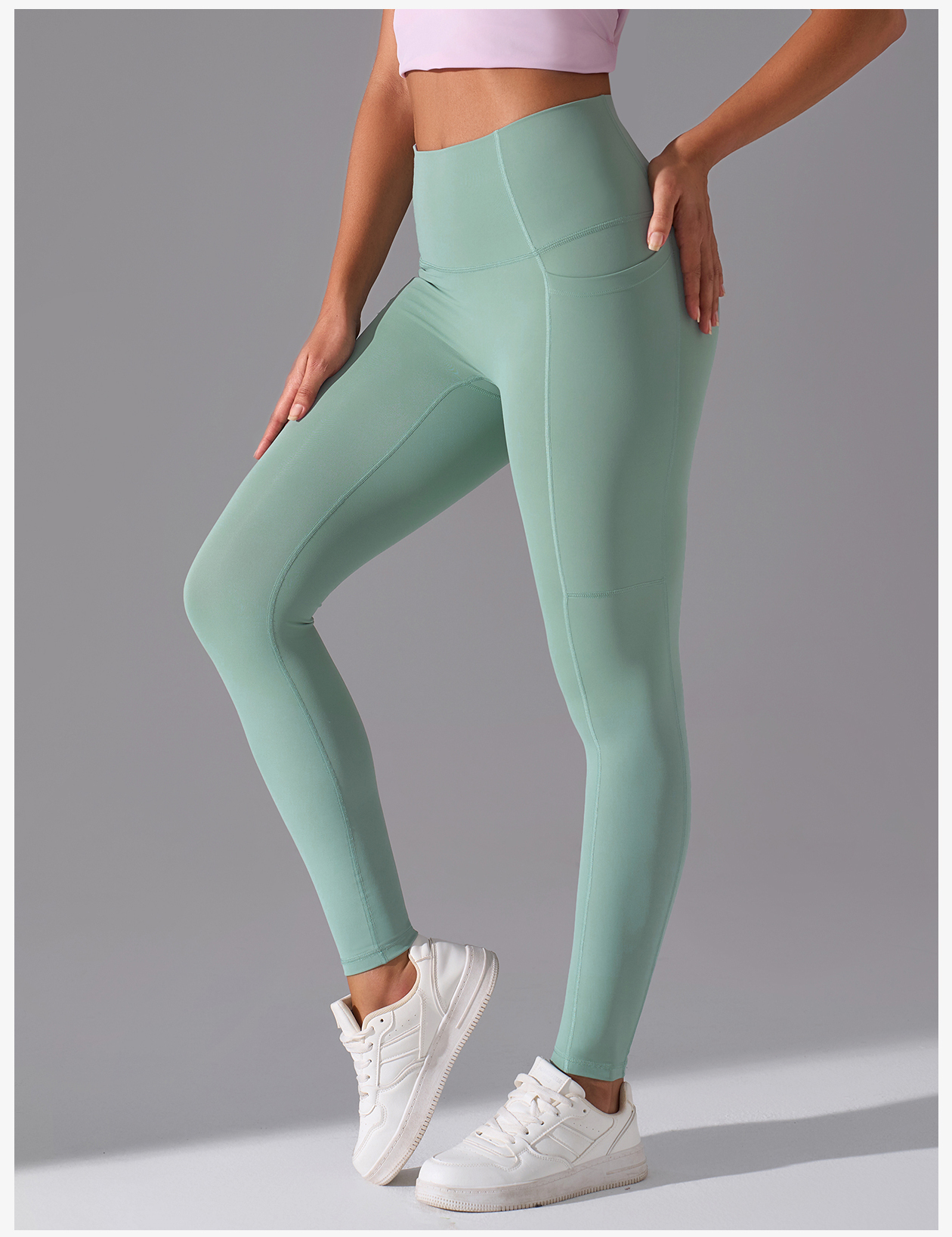 Women's Light Green High - Waisted Leggings with Pockets, Yoga & Workout