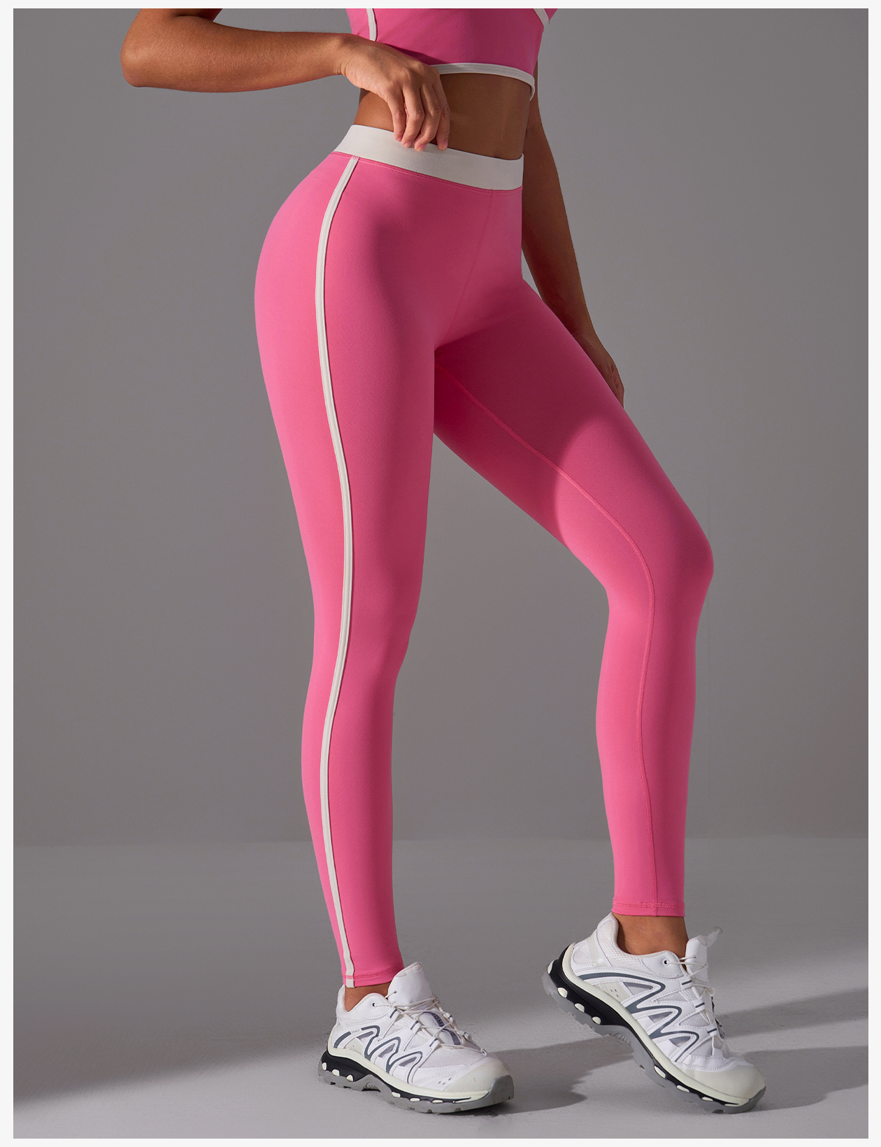 Women's High - Waisted Color - Blocked Yoga Leggings - Pink with White Stripe Athletic Workout Pants