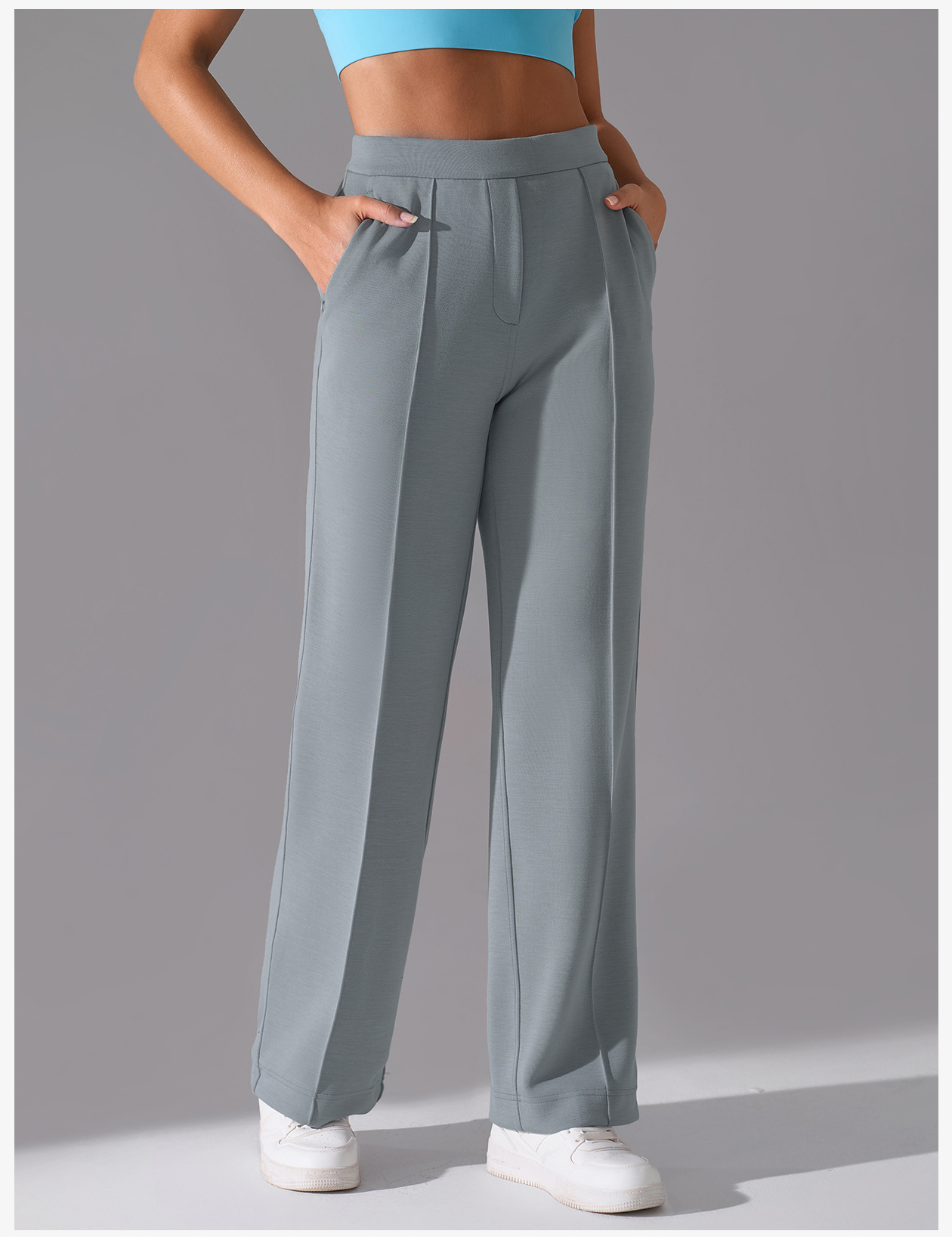 Women's High-Waisted Wide-Leg Yoga Pants with Pockets - Gray Elastic Waist Loose Fit Casual Lounge Trousers