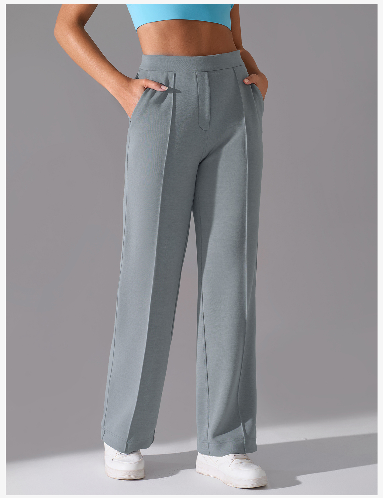 Women's High-Waisted Wide-Leg Yoga Pants with Pockets - Gray Elastic Waist Loose Fit Casual Lounge Trousers