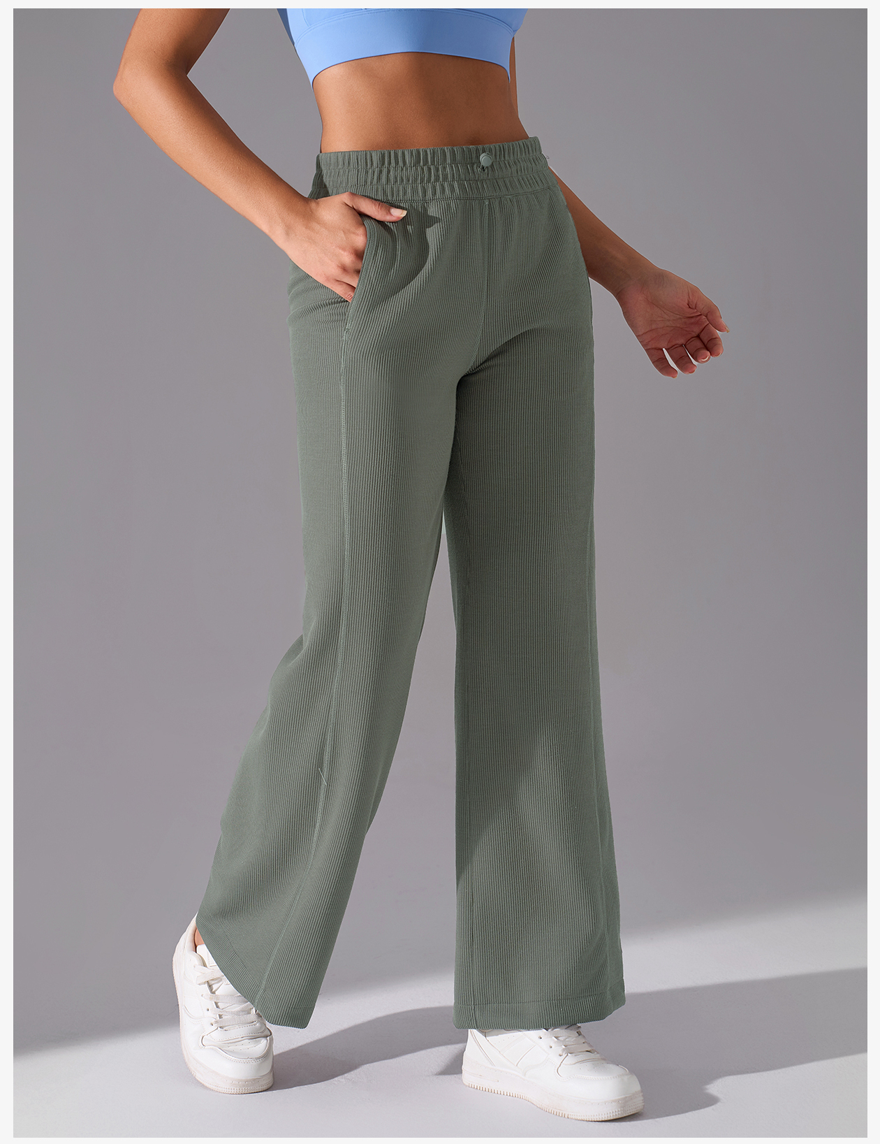 Women's High-Waisted Wide-Leg Corduroy Pants with Pockets - Green Elastic Waist Casual Lounge Trousers for Yoga, Running, and Daily Wear