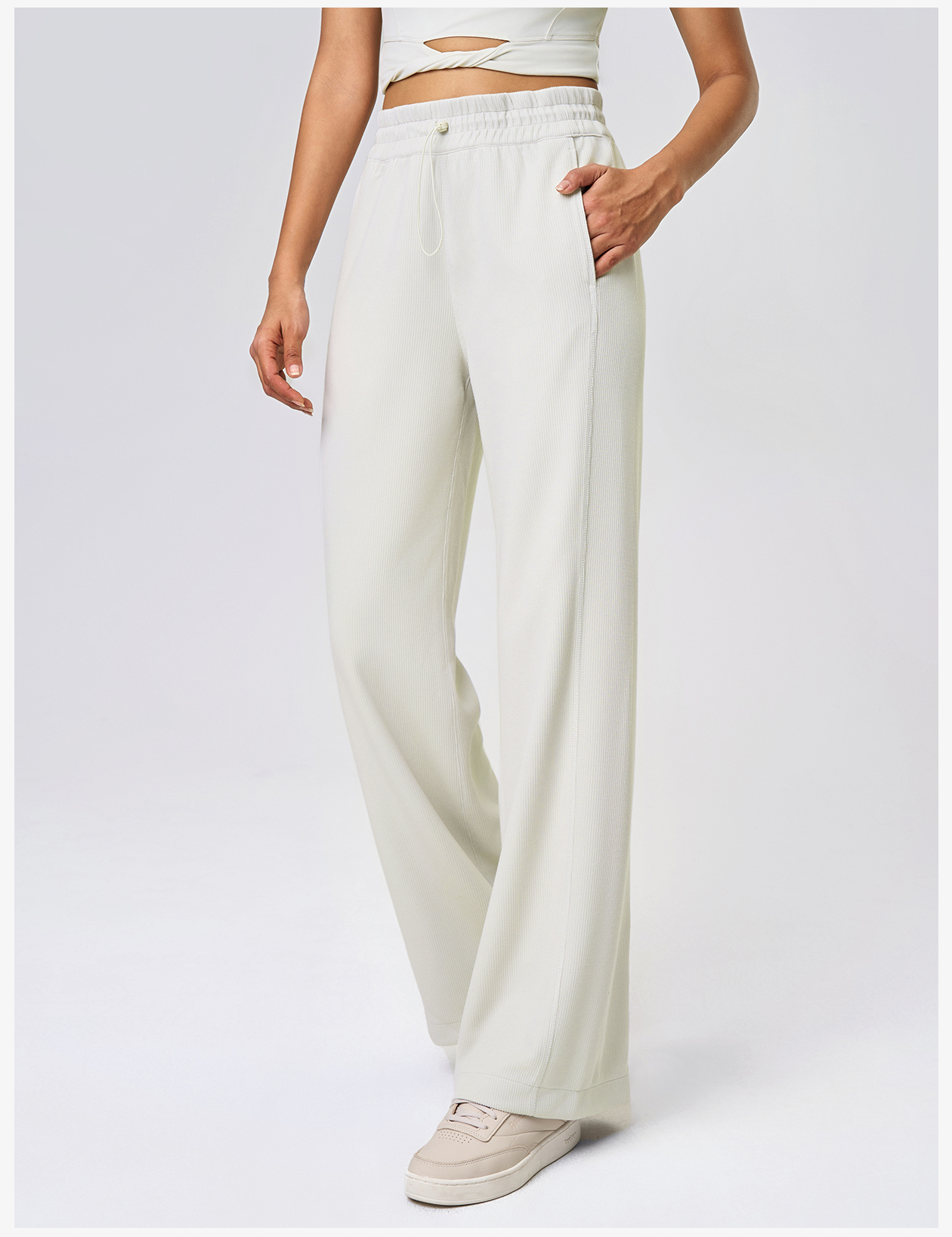 Women's High-Waisted Wide-Leg Corduroy Pants with Pockets - Green Elastic Waist Casual Lounge Trousers for Yoga, Running, and Daily Wear