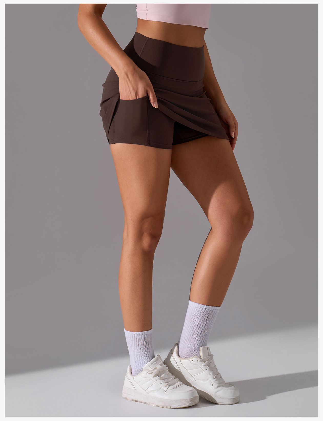 Women's High-Waisted Skort with Pockets - Brown Athletic Workout Skirt Shorts for Tennis, Golf, Running