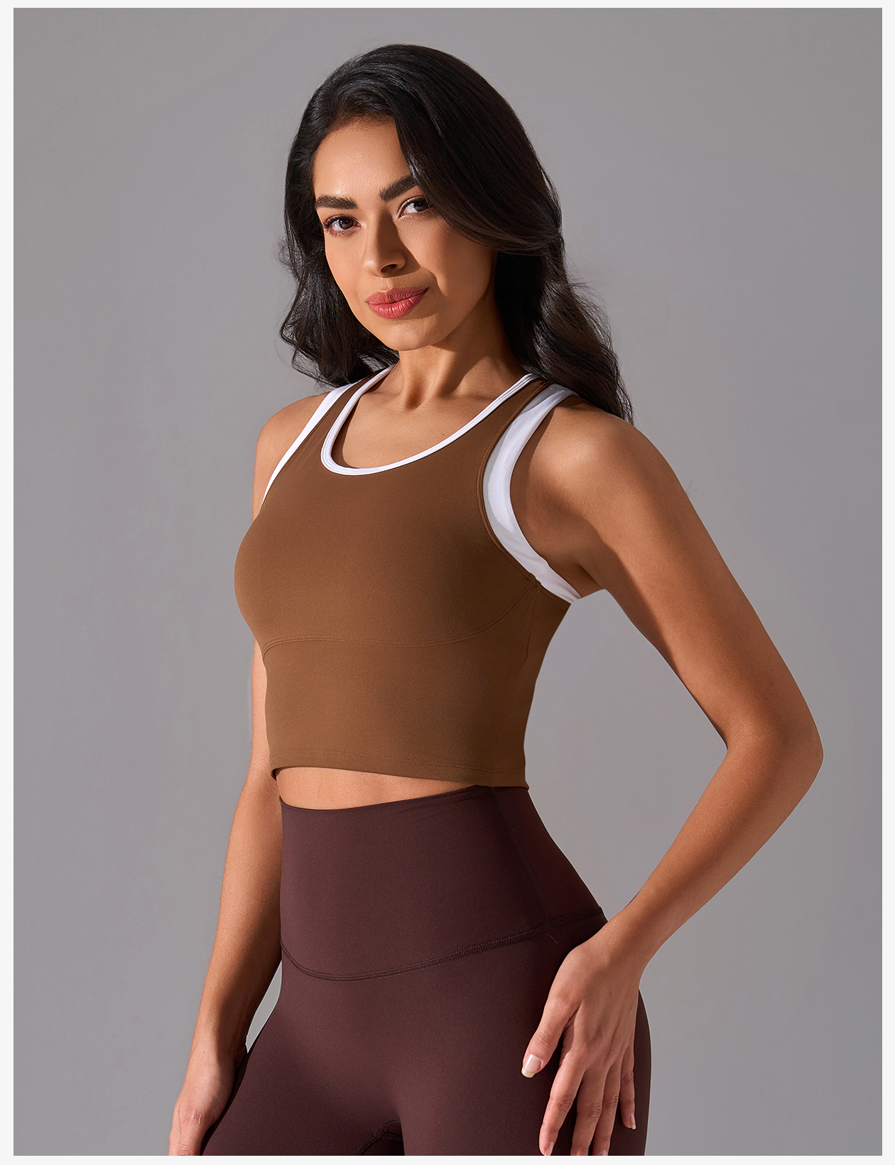 Women's Brown Contrast Trim Sports Bra - Racerback Crop Tank Top for Yoga, Workout, and Fitness