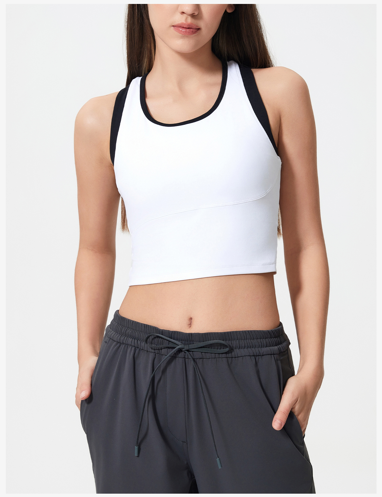 Women's Brown Contrast Trim Sports Bra - Racerback Crop Tank Top for Yoga, Workout, and Fitness