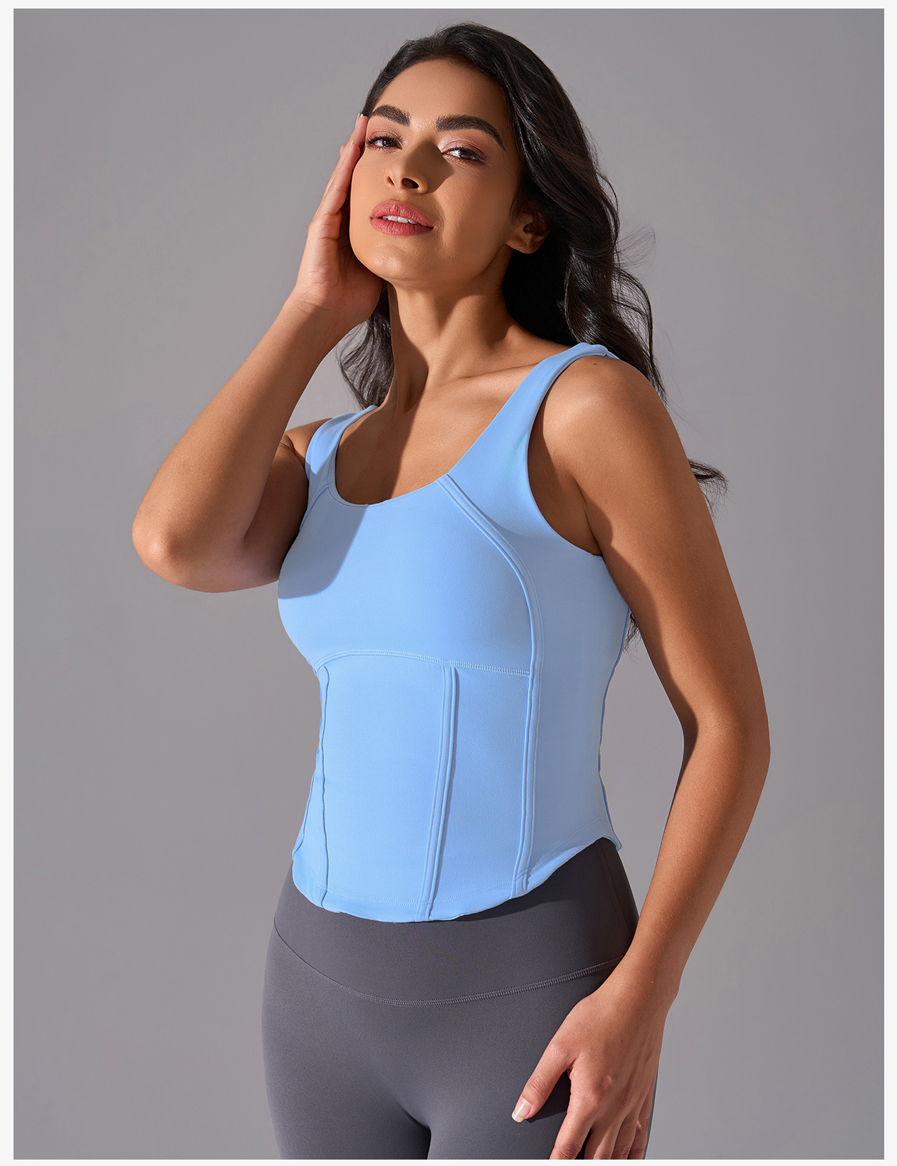 Women's Light Blue Square Neck Corset Tank Top - Slimming Workout Top for Yoga, Fitness, and Everyday Wear