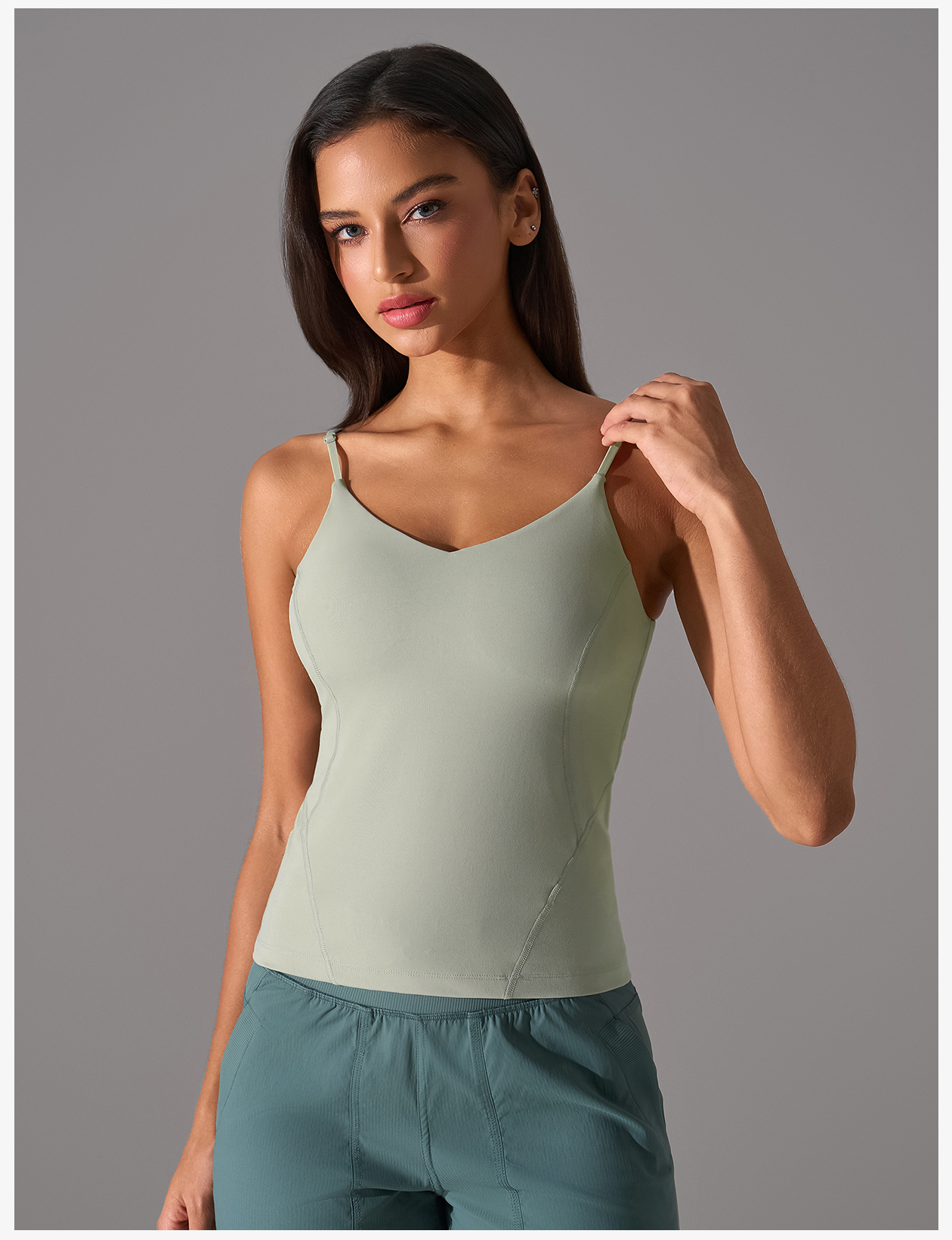 Women's Light Green V-Neck Camisole Tank Top - Slim Fit Yoga & Workout Shirt for Fitness