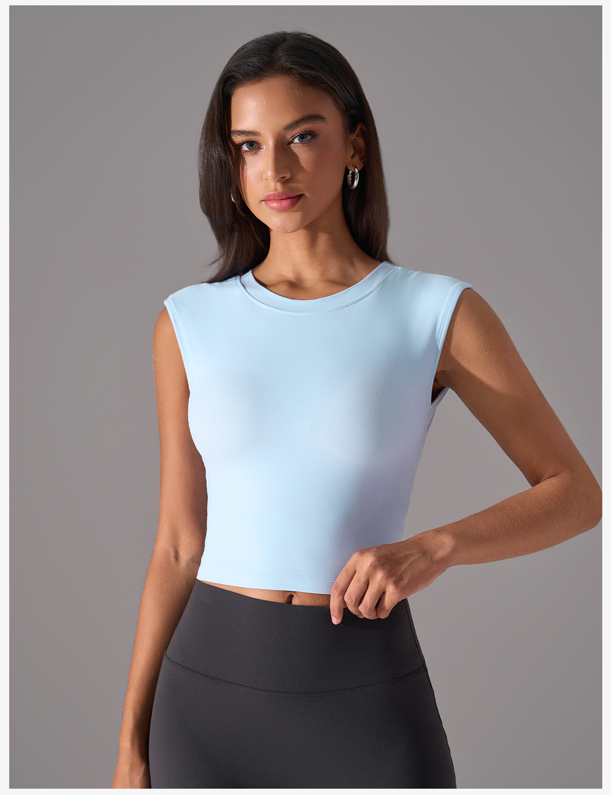 Women's Light Blue Sleeveless Crop Top - Slim Fit Workout Shirt for Yoga & Fitness