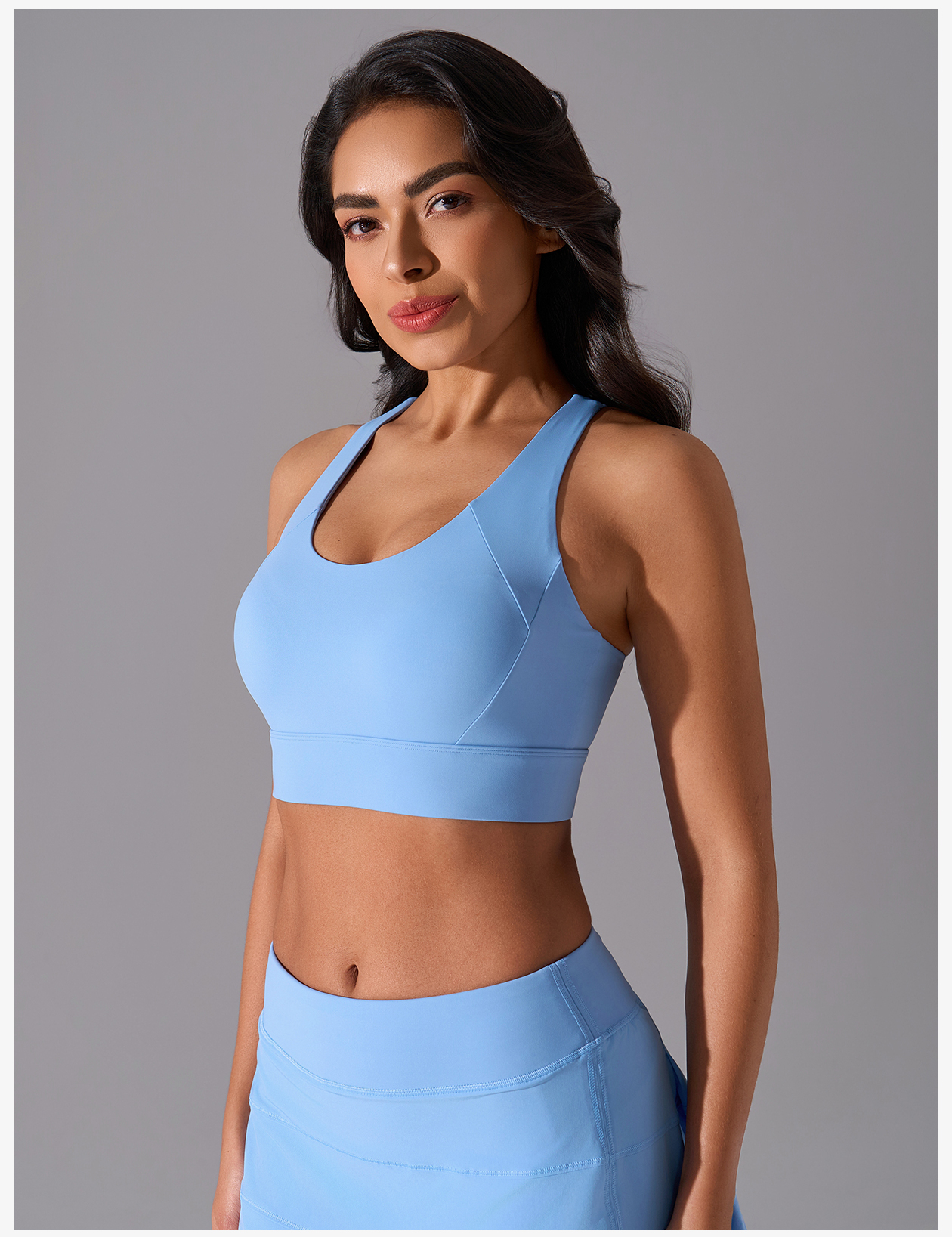 Women's Light Blue Sleeveless Sports Bra, Medium Support Yoga Activewear Top