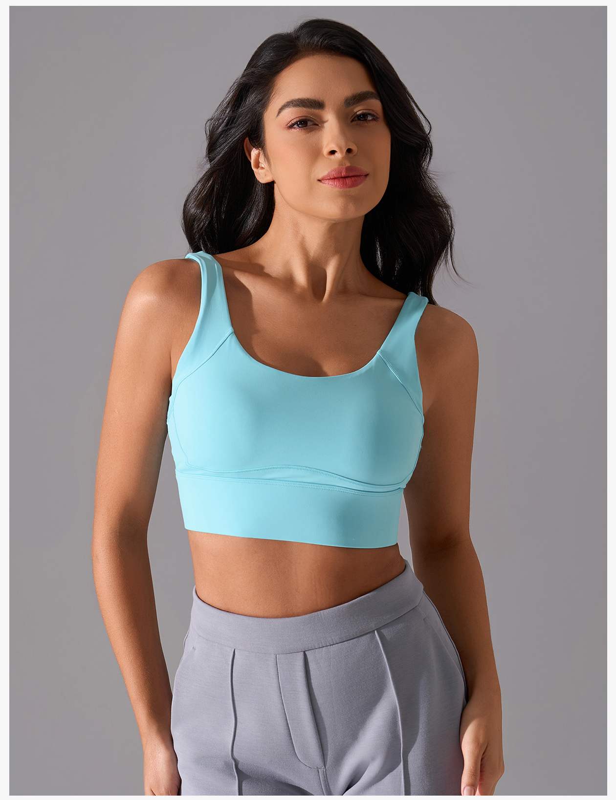 Women's Light Blue Square Neck Sleeveless Sports Bra, Medium Support Yoga Activewear