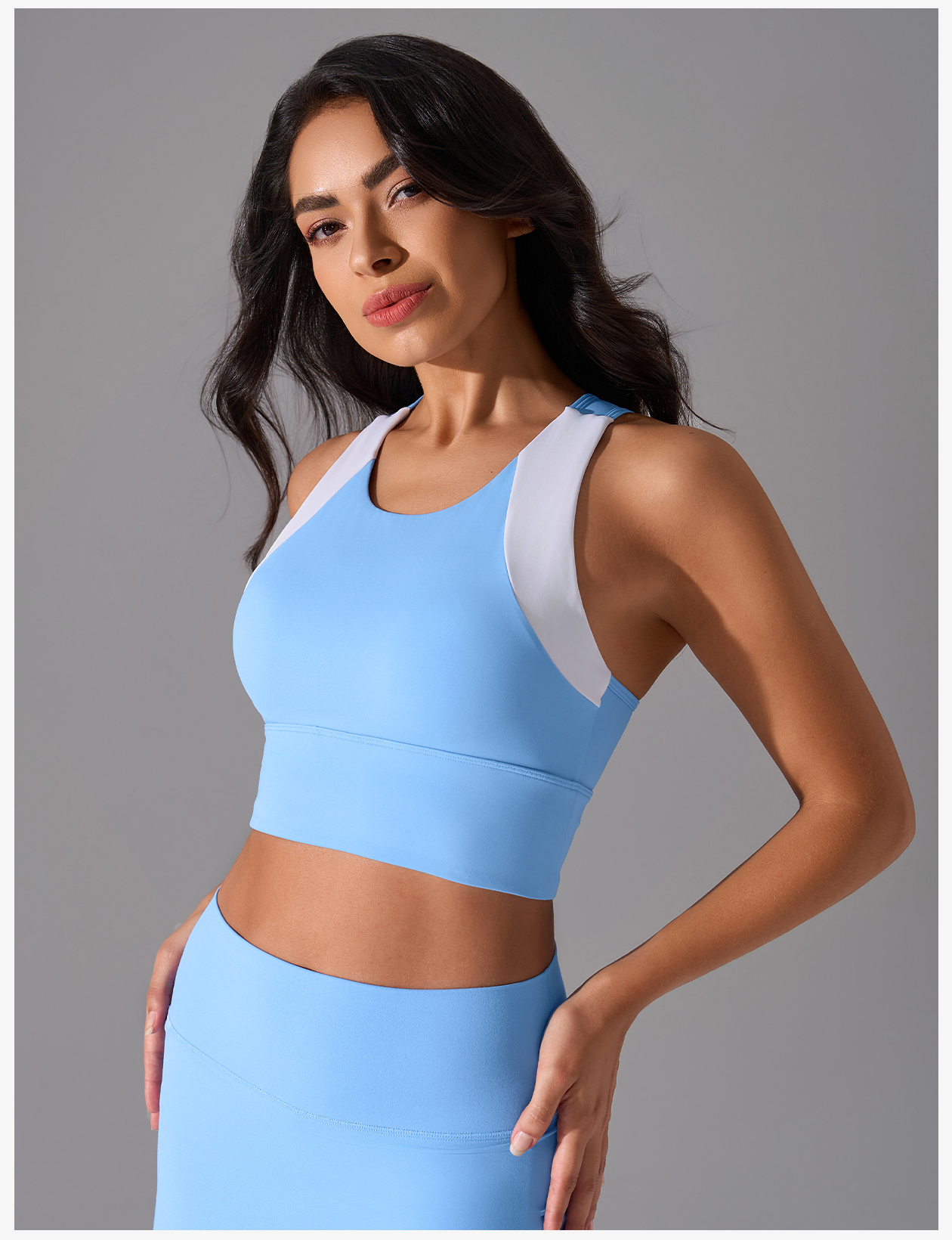 Women's Light Blue Sports Bra with Contrast Straps, Yoga & Workout Set