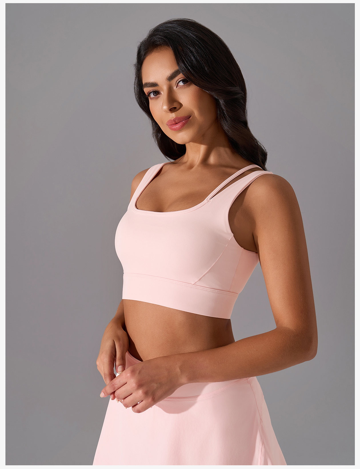 Women's Light Pink Square Neck Sports Bra, Double - Strap Support Yoga Crop Top