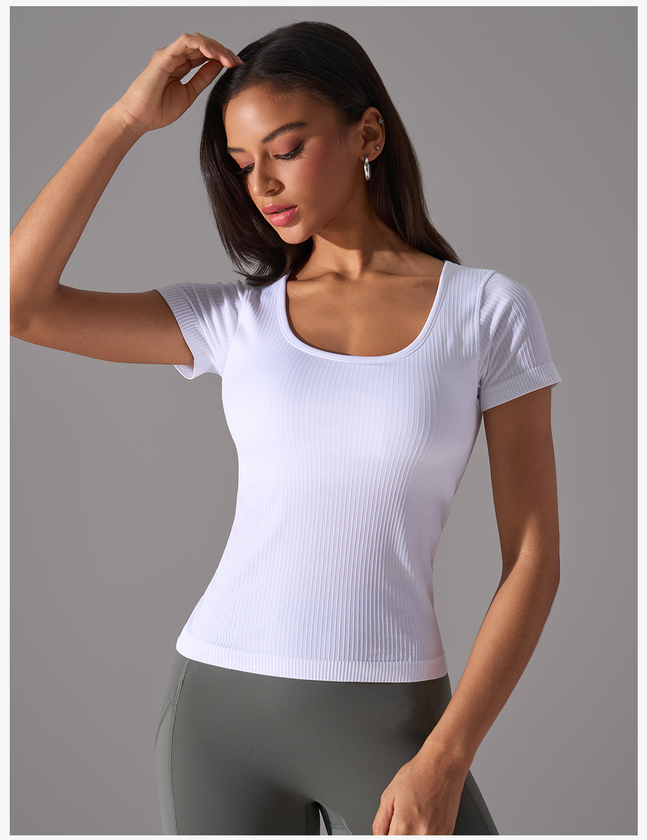 Women's White Ribbed Square Neck Short Sleeve Workout Top, Form - Fitting Athletic Shirt