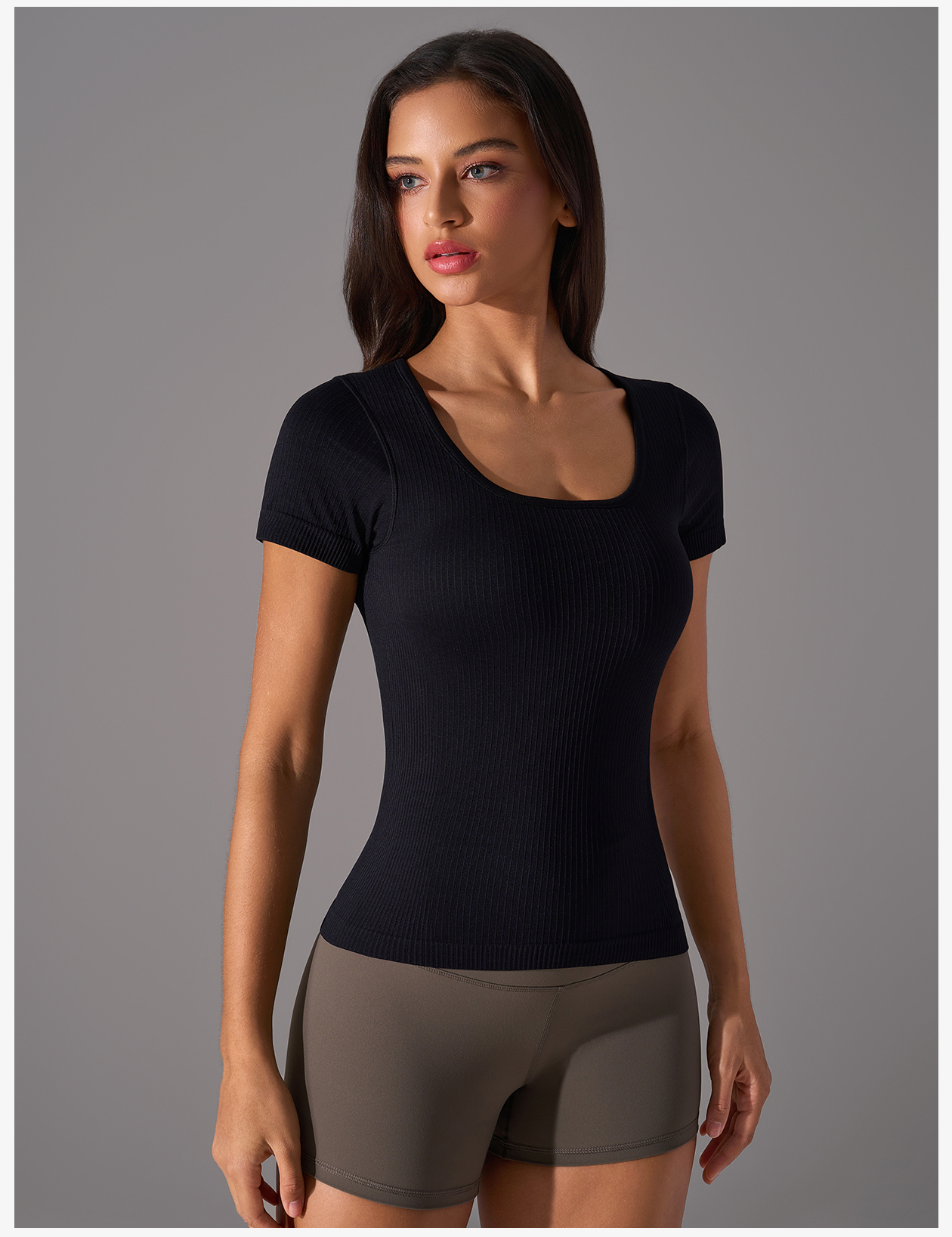 Women's White Ribbed Square Neck Short Sleeve Workout Top, Form - Fitting Athletic Shirt