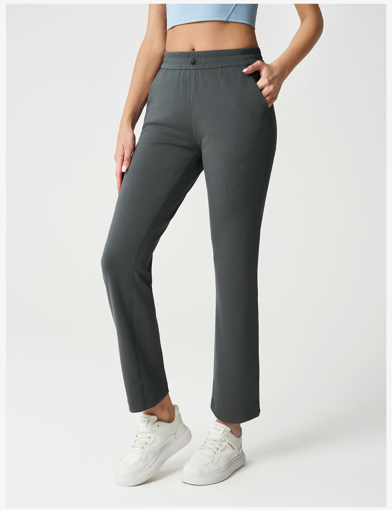 Women's Dark Gray Flared Leg Yoga Pants, High - Waisted with Pockets