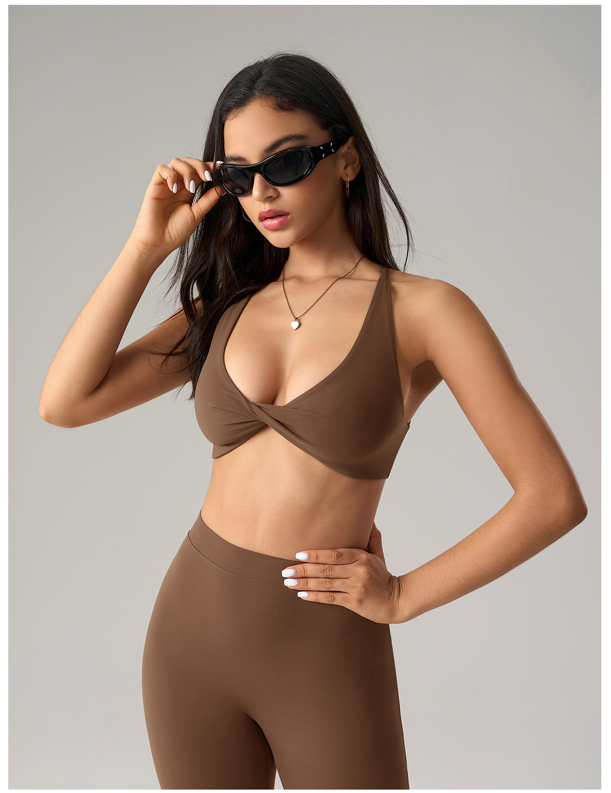 Women's Twist - Front Halter Sports Bra and Leggings Set - Brown Activewear