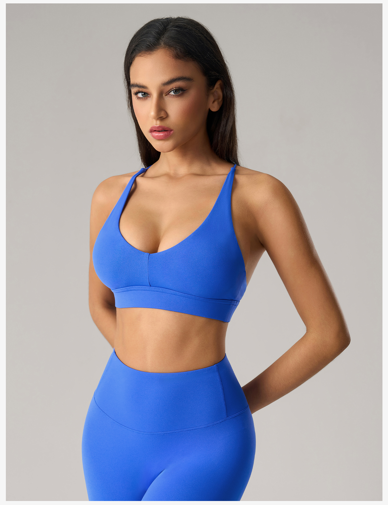 Women's Blue V - Neck Strappy Sports Bra, High - Support Yoga Bra for Workout & Fitness