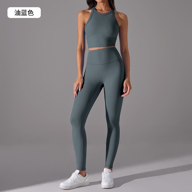 Women's Blue Crop Tank Top & Ankle - Length Leggings Set, Workout & Yoga Outfit