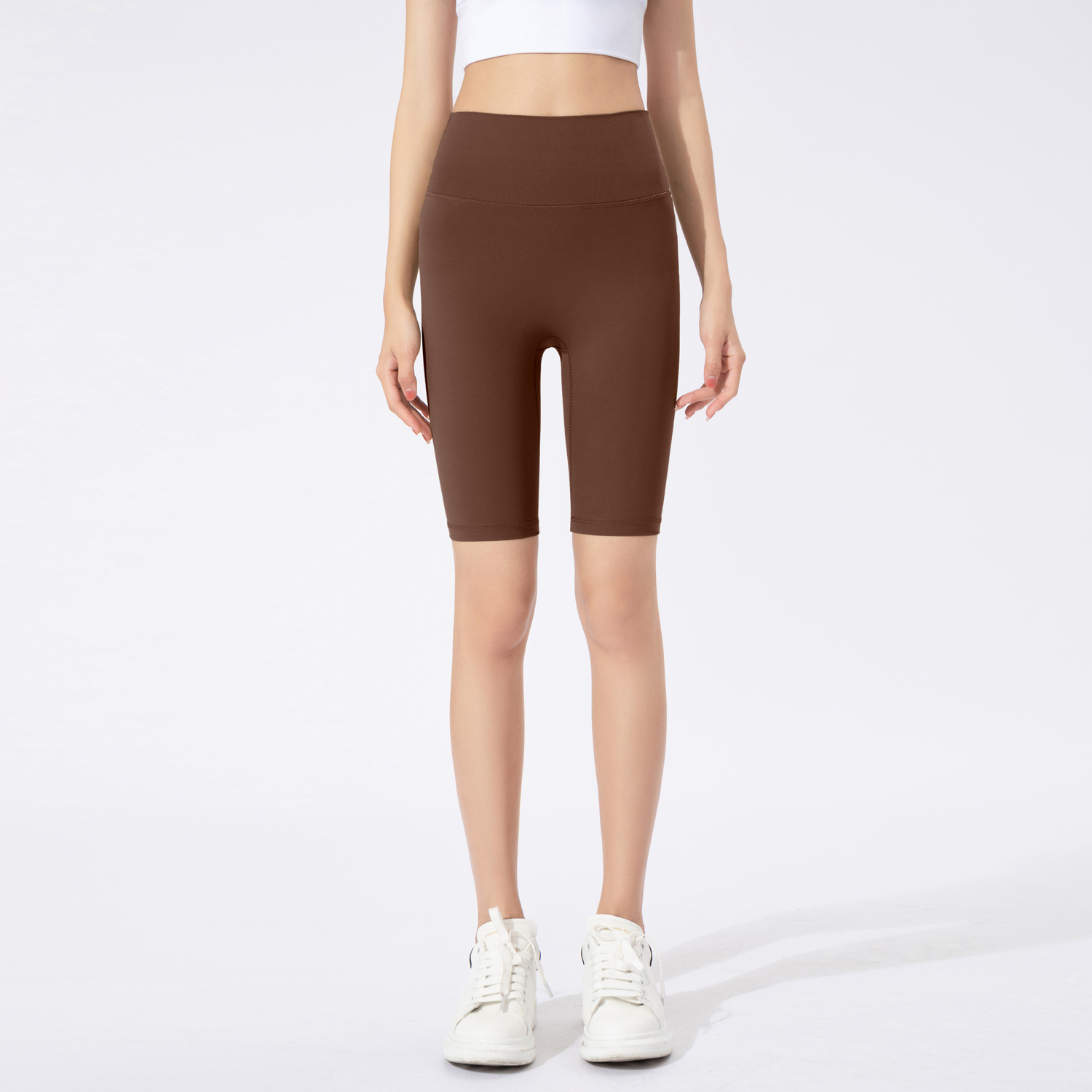 Women's Beige High - Waisted Biker Shorts, Yoga & Workout