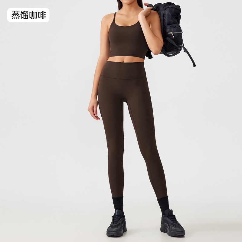 Women's Seamless Yoga Outfit Set - Spaghetti Strap Crop Top & High - Waisted Biker Shorts for Workout, Running, Fitness - Brown 