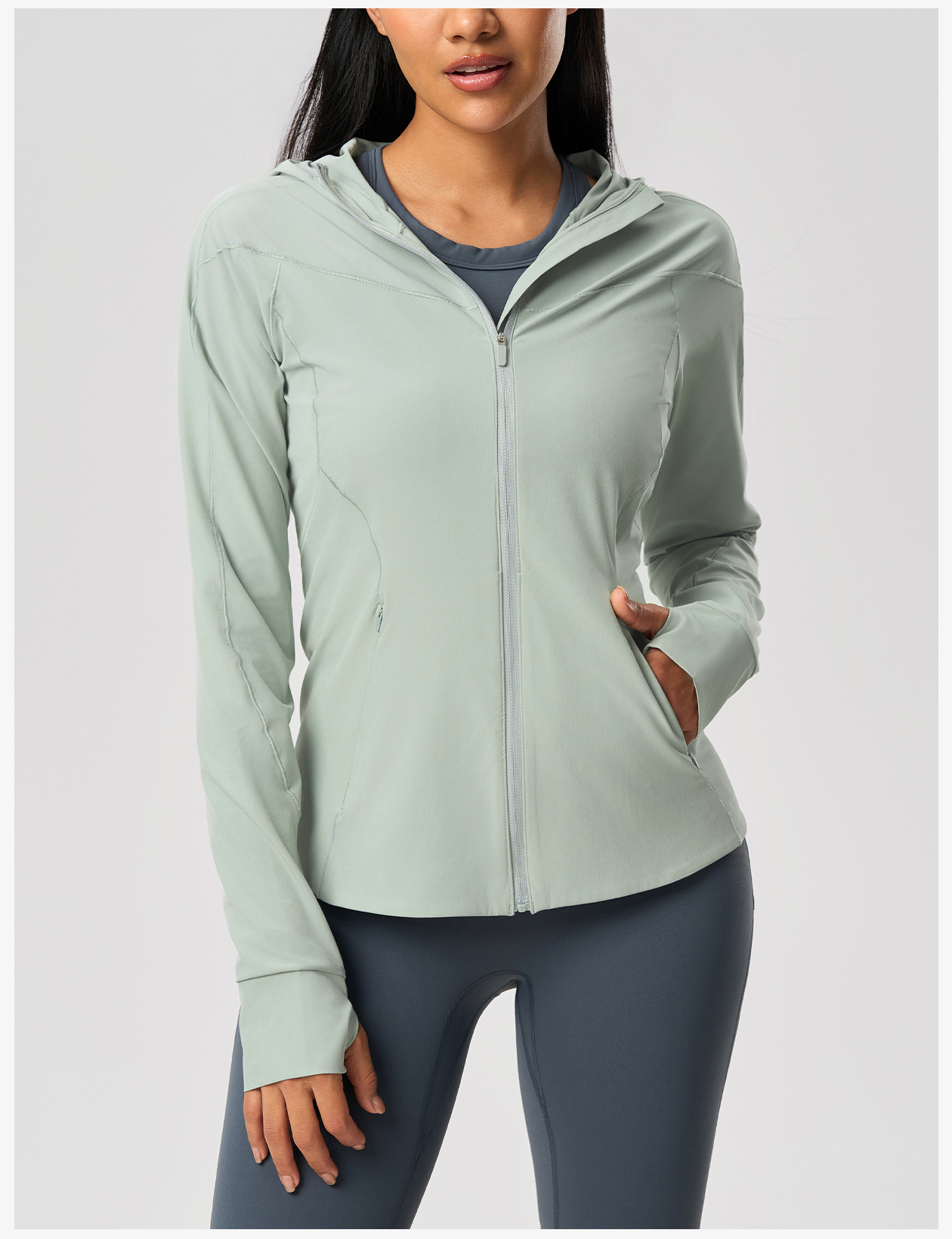 Women's Light Green Hooded Sports Jacket - Full Zip, Slim Fit
