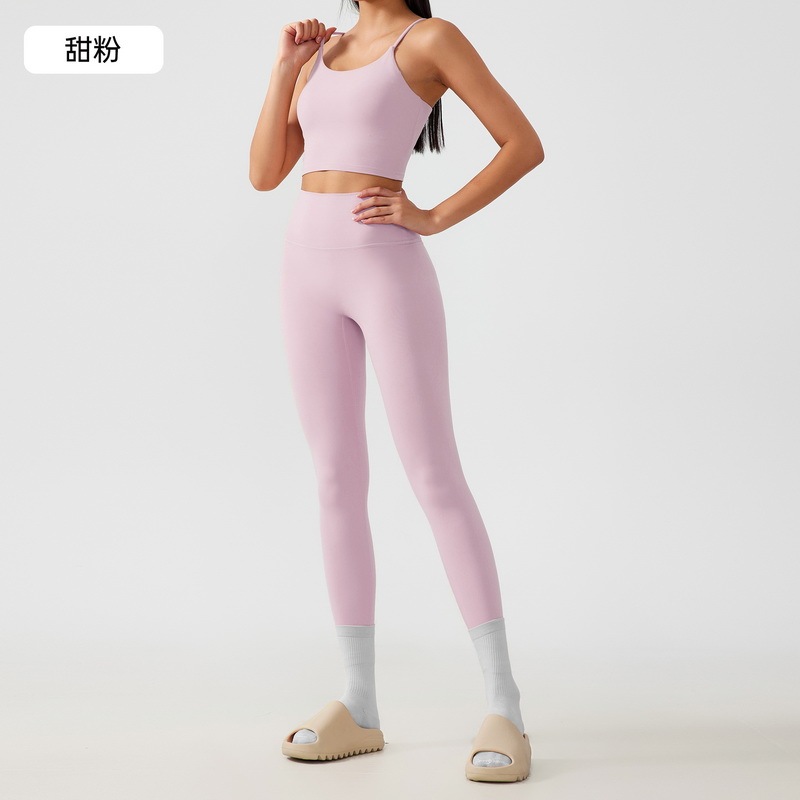 Women's Seamless Yoga Outfit Set - Spaghetti Strap Crop Top & High - Waisted Biker Shorts for Workout, Running, Fitness - Brown 