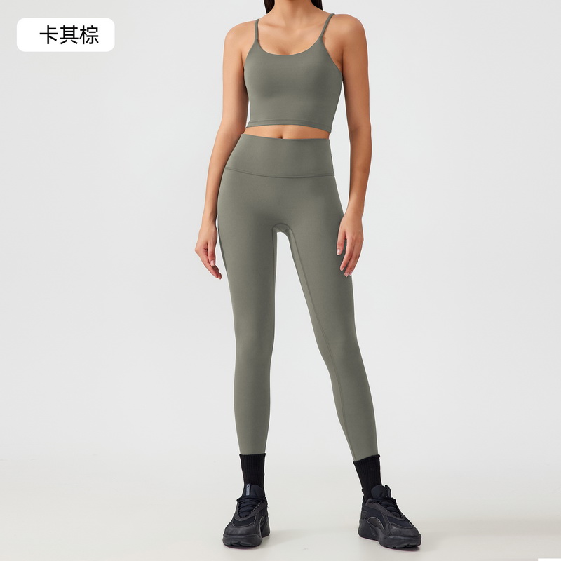 Women's Seamless Yoga Outfit Set - Spaghetti Strap Crop Top & High - Waisted Biker Shorts for Workout, Running, Fitness - Brown 