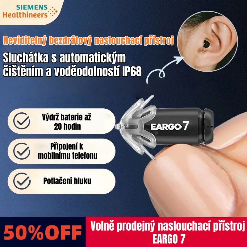 Siemens EARGO 7 OTC sluchadlo: neviditelné, dobíjecí, flexibilní CIC, schváleno FDA.