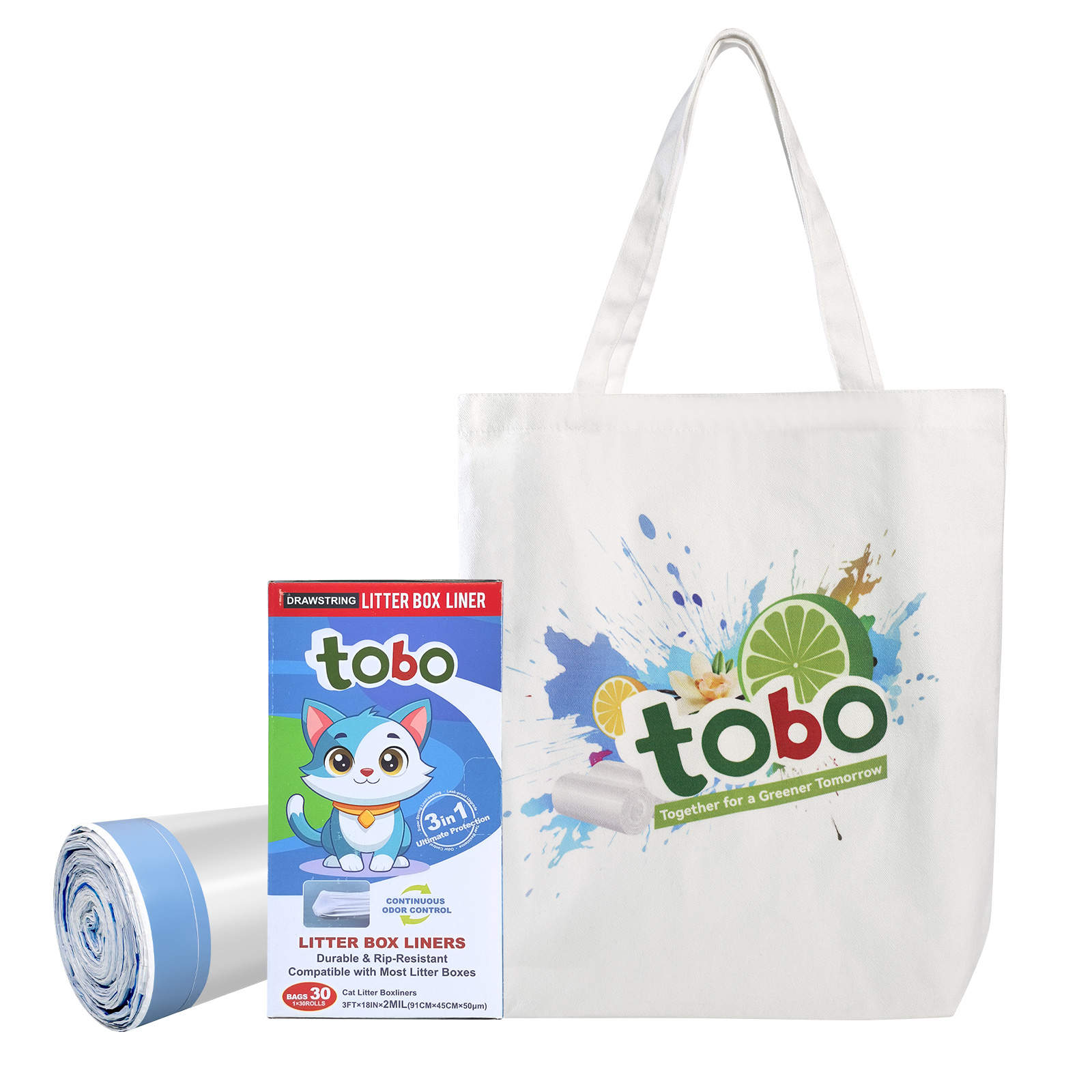 Tobo Extra-Durable Cat Litter Box Liners, 30 Count – 2 Mil Thick Drawstring Bags with Tie Handles & Reusable Canvas Tote – Leak-Resistant, Easy Clean-Up for Standard & Large Litter Pans