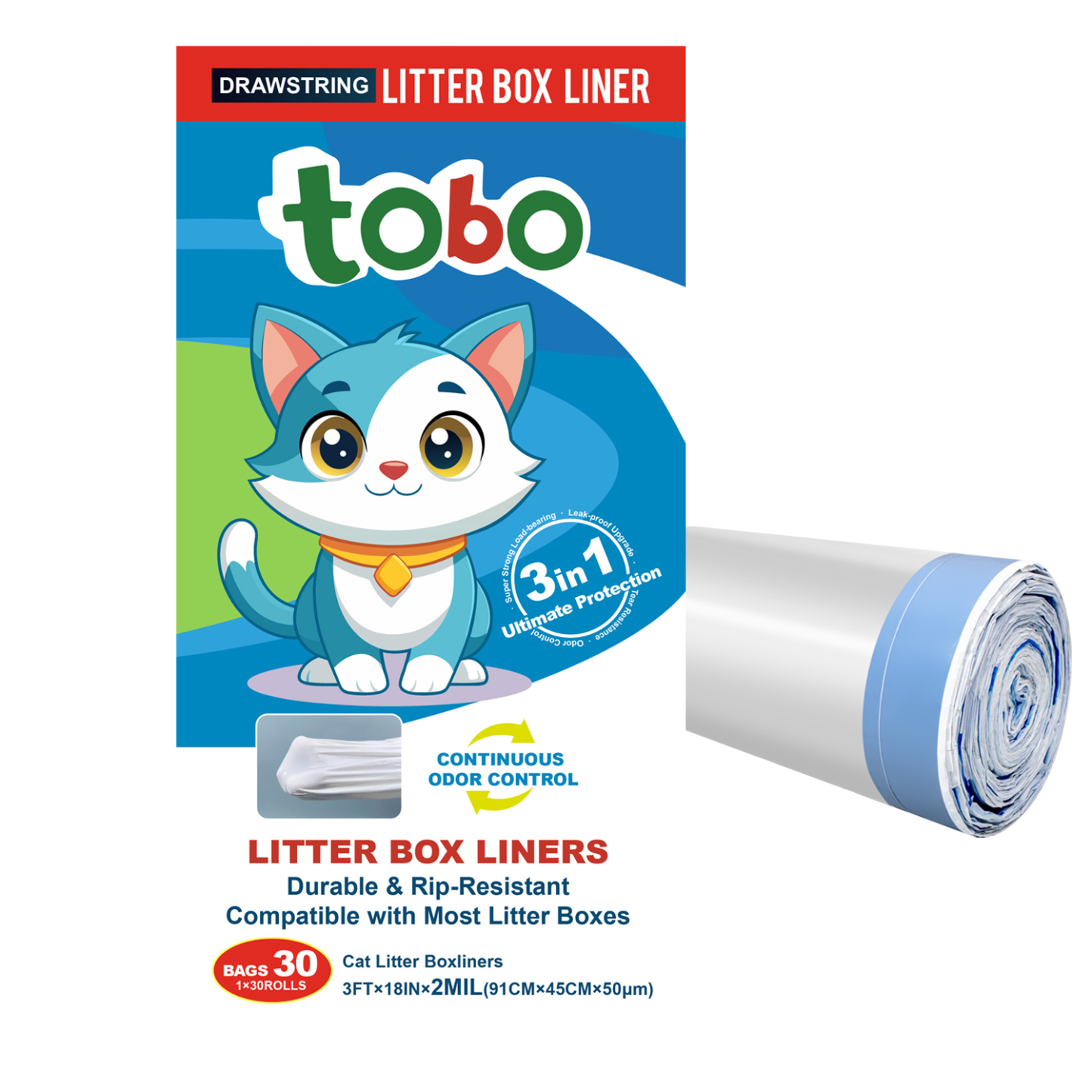 Tobo Cat Litter Box Liners with Drawstring – 30 Count | Durable, Leakproof, Rip-Resistant Bags | 3ft x 18in, 2MIL Thickness | Fits Most Litter Boxes