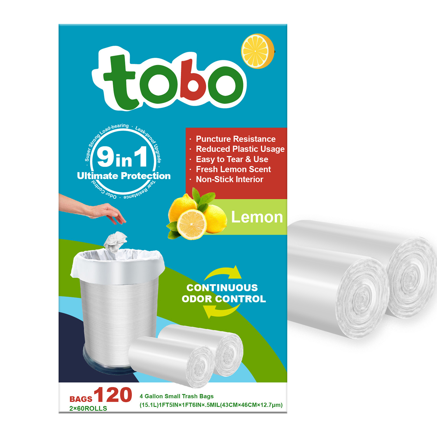 Tobo 4 Gallon Small Trash Bags – 120 Count (2 Rolls) | Lemon Scented Garbage Bags with 9-in-1 Ultimate Protection | Leak-Proof, Odor Control, Puncture Resistant