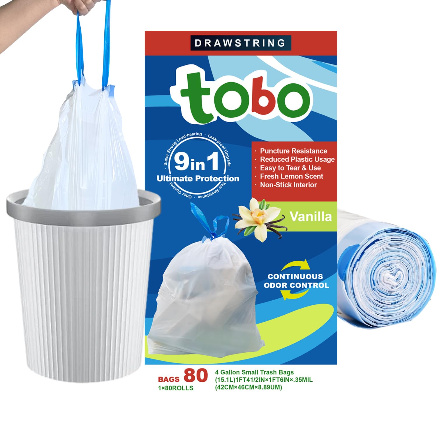 tobo Heavy Duty 8 Gallon Drawstring Trash Bags - Puncture Resistant with Fresh Lemon & Vanilla Scents, Continuous Odor Control, Reduced Plastic Usage, 80 Count (15.1L/42x46cm)