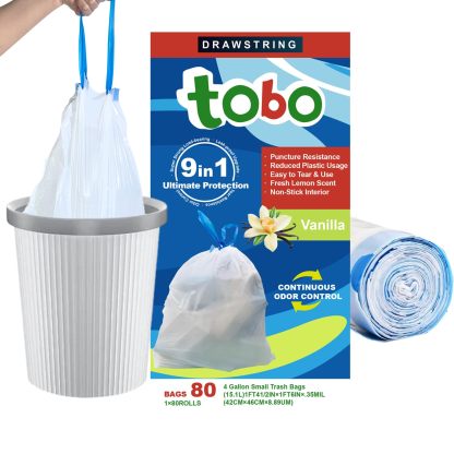tobo Heavy Duty 8 Gallon Drawstring Trash Bags - Puncture Resistant with Fresh Lemon & Vanilla Scents, Continuous Odor Control, Reduced Plastic Usage, 80 Count (15.1L/42x46cm)