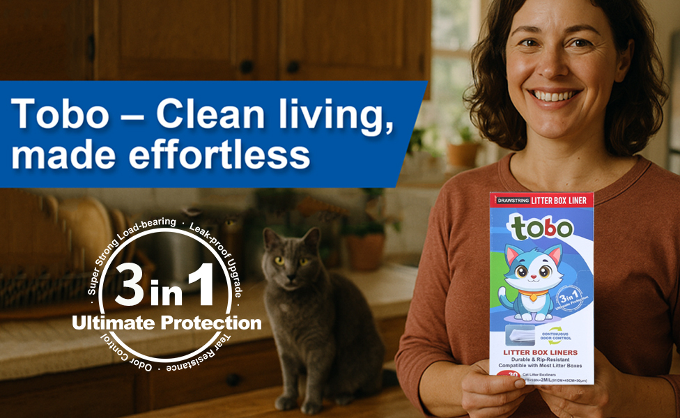 Tobo Cat Litter Box Liners with Drawstring – 30 Count | Durable, Leakproof, Rip-Resistant Bags | 3ft x 18in, 2MIL Thickness | Fits Most Litter Boxes
