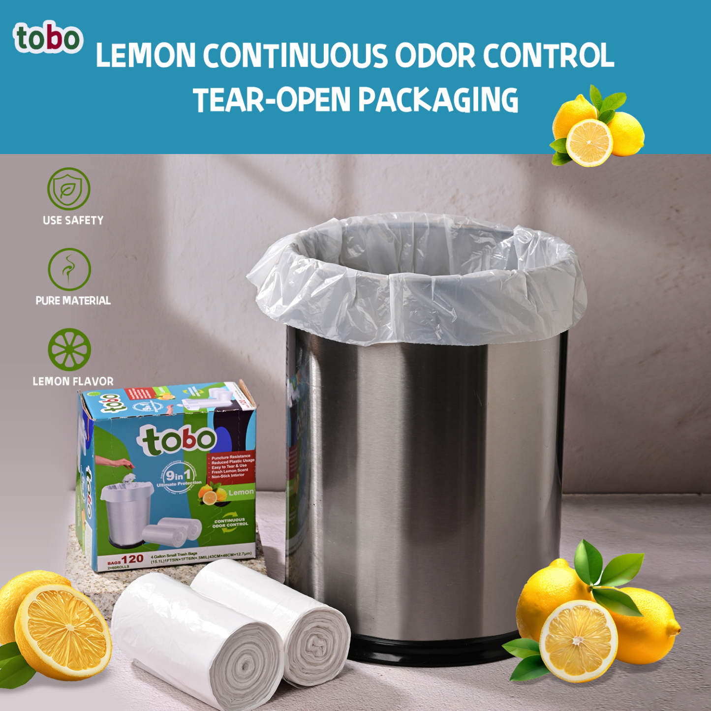 Tobo 4 Gallon Small Trash Bags – 120 Count (2 Rolls) | Lemon Scented Garbage Bags with 9-in-1 Ultimate Protection | Leak-Proof, Odor Control, Puncture Resistant
