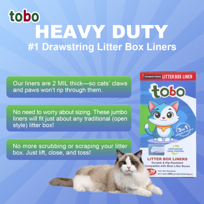 Tobo Cat Litter Box Liners with Drawstring – 30 Count | Durable, Leakproof, Rip-Resistant Bags | 3ft x 18in, 2MIL Thickness | Fits Most Litter Boxes