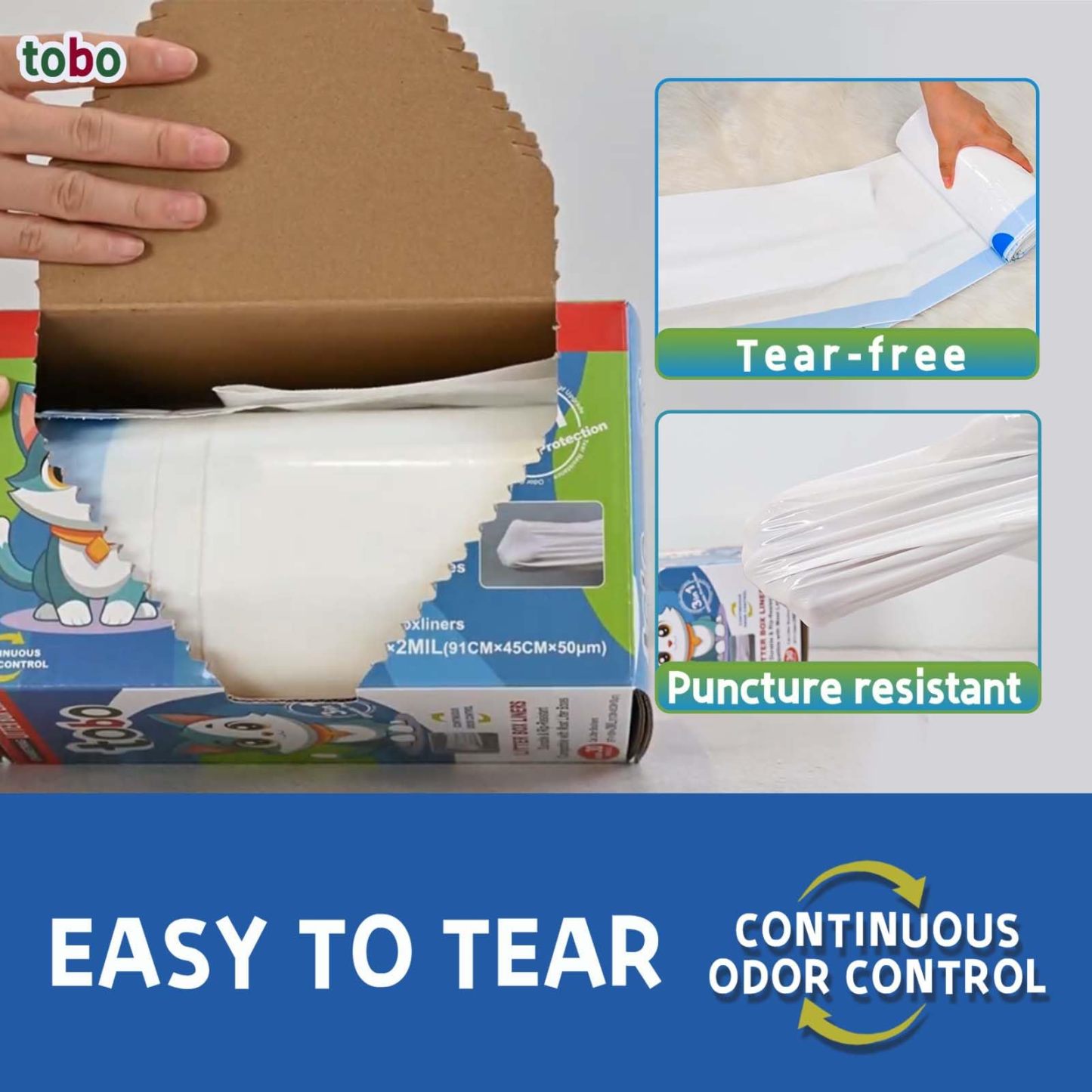 Tobo Extra-Durable Cat Litter Box Liners, 30 Count – 2 Mil Thick Drawstring Bags with Tie Handles & Reusable Canvas Tote – Leak-Resistant, Easy Clean-Up for Standard & Large Litter Pans