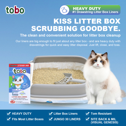 Tobo Cat Litter Box Liners with Drawstring – 30 Count | Durable, Leakproof, Rip-Resistant Bags | 3ft x 18in, 2MIL Thickness | Fits Most Litter Boxes