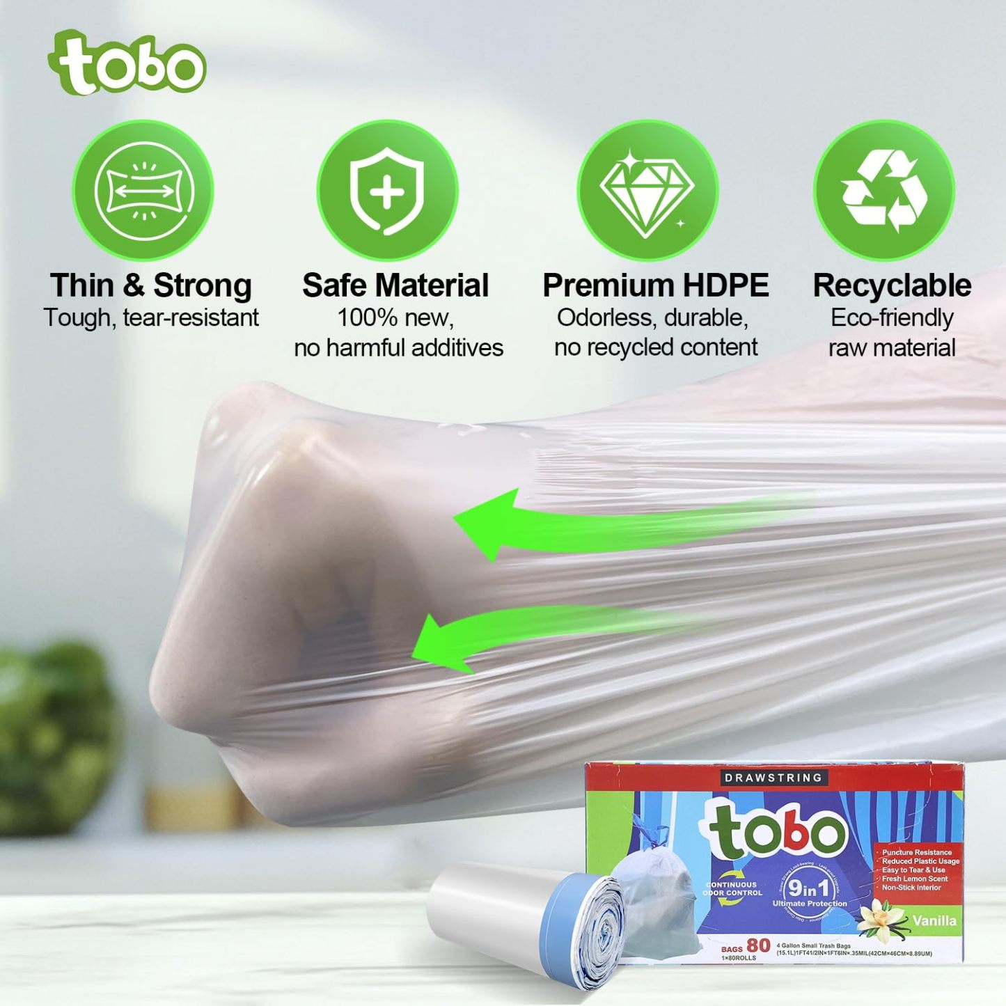 tobo Heavy Duty 8 Gallon Drawstring Trash Bags - Puncture Resistant with Fresh Lemon & Vanilla Scents, Continuous Odor Control, Reduced Plastic Usage, 80 Count (15.1L/42x46cm)