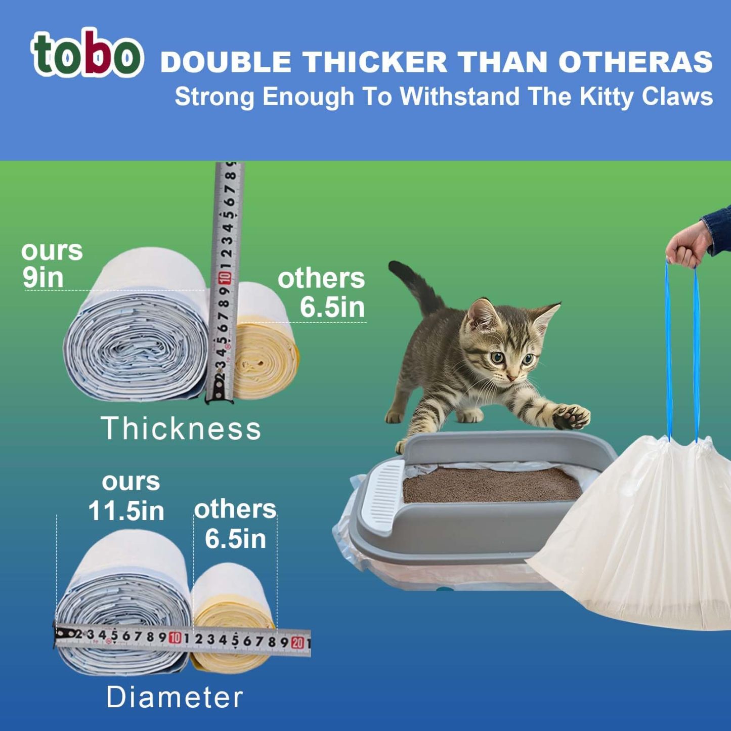 Tobo Extra-Durable Cat Litter Box Liners, 30 Count – 2 Mil Thick Drawstring Bags with Tie Handles & Reusable Canvas Tote – Leak-Resistant, Easy Clean-Up for Standard & Large Litter Pans