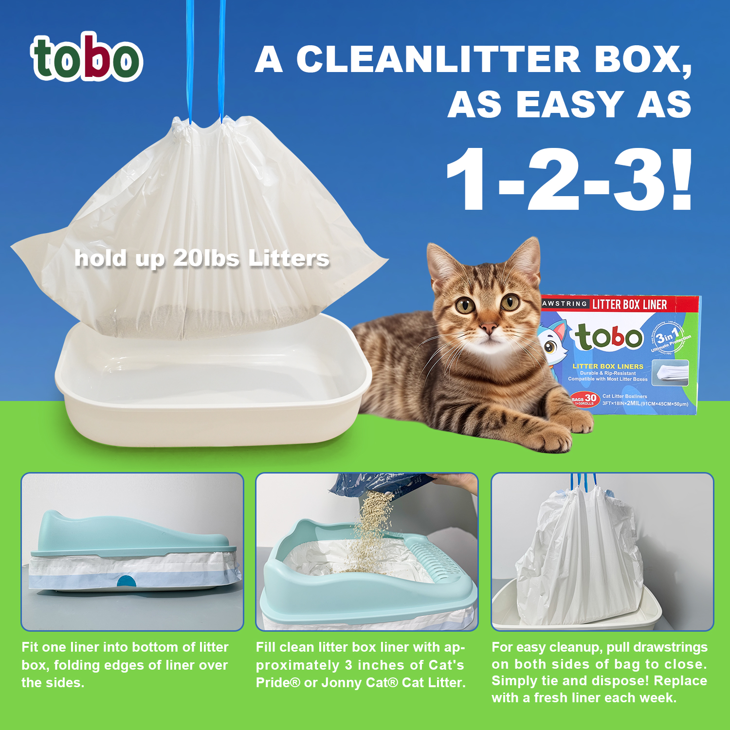 Tobo Cat Litter Box Liners with Drawstring – 30 Count | Durable, Leakproof, Rip-Resistant Bags | 3ft x 18in, 2MIL Thickness | Fits Most Litter Boxes