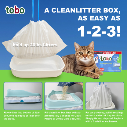 Tobo Cat Litter Box Liners with Drawstring – 30 Count | Durable, Leakproof, Rip-Resistant Bags | 3ft x 18in, 2MIL Thickness | Fits Most Litter Boxes